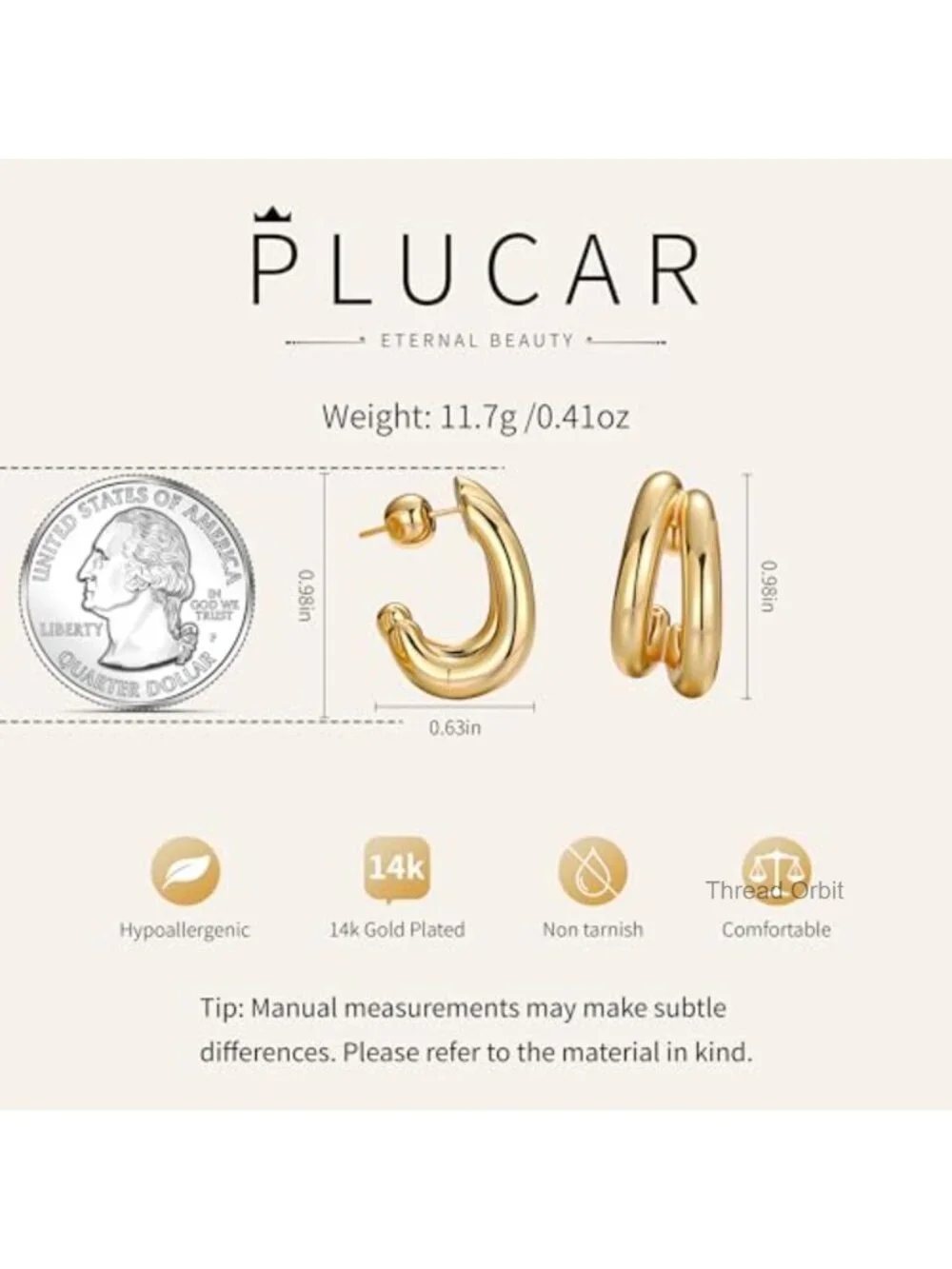 Chunky Double Hoop Earrings 14K Gold Plated Hypoallergenic Statement Hoops